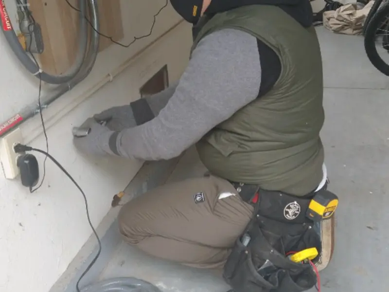 Electrician performing outlet wiring in a Greenville garage